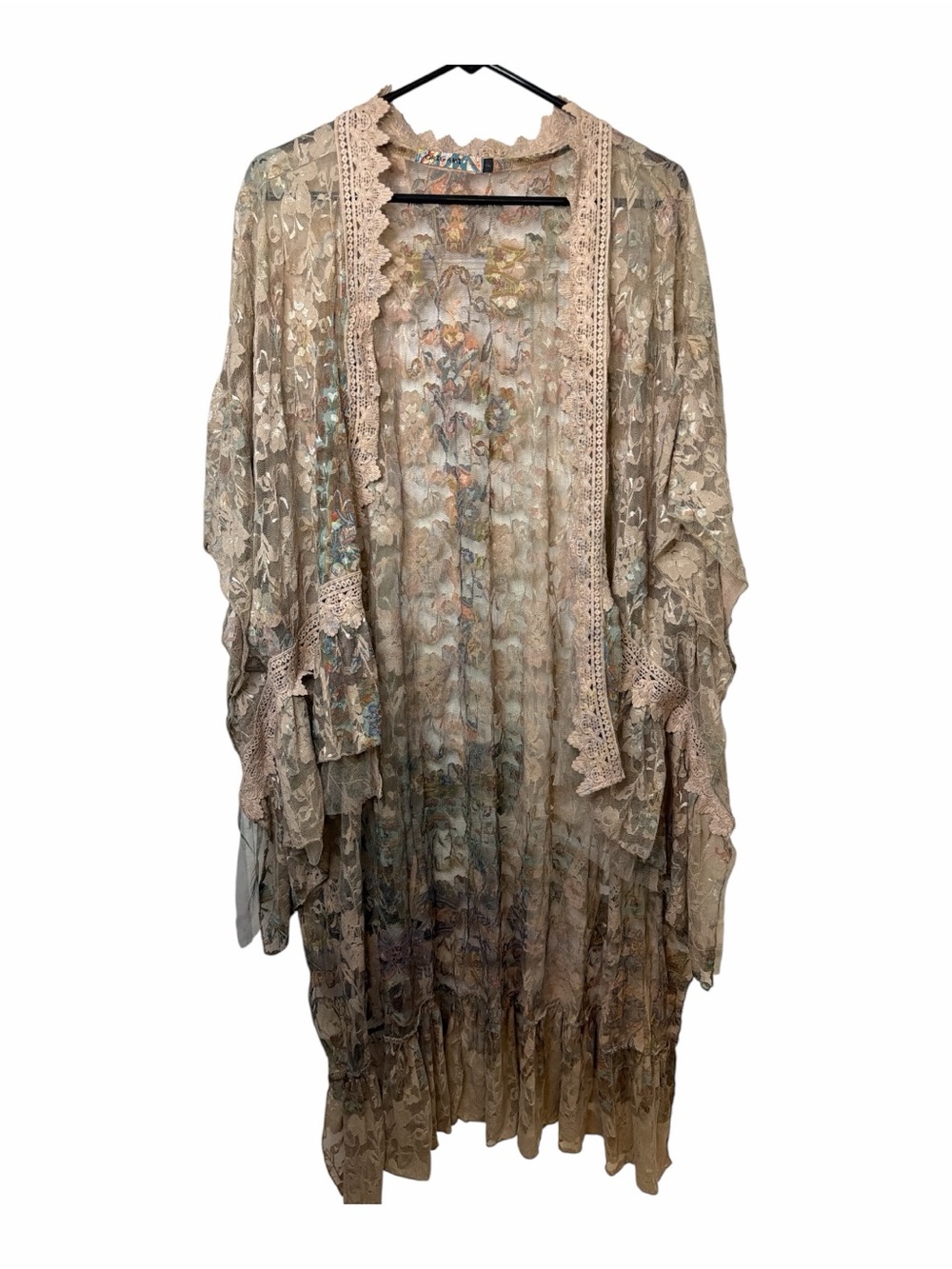 Origami Boho Lace Trim Floral Duster Kimono NWOT